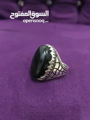  3 خاتم جزع عقيق يمني أسود طبيعي بخطوط رصاصي درجة أولى black Yamani agate ring