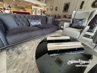  7 Elegant Turkish Sofa Set - 2 Three-Seater Sofas + 2 Armchairs, Grey & Navy Blue