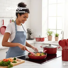  10 الطقم مكوّن من 13 قطعة متكاملة تشمل قدور بأحجام مختلفة + مقلاة + مجموعة أدوات مطبخ سيليكون .