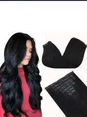  1 PU Clip in Hair Extensions Human Hair Jet Black 150g 7pcs 22 Inch Thick Real Hair Extensions