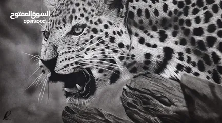  1 رسم قلم أسود واقعي للغاية لنمر بري Hyperrealistic black pen drawing of a wild panther