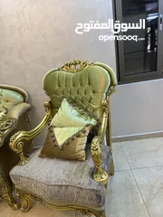  9 كنب مصري دمياطي مريح جدًا محفر لون اخضر و بيج محفر ذهبي عدد 7مقاعد + طاولة