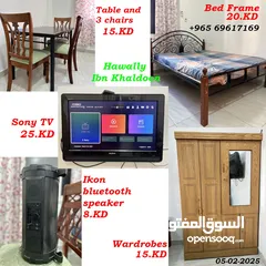  1 Sony TV, Table and 3 chair wooden, Bed Frame , Waldrop Wooden , ikon bluetooth speaker,