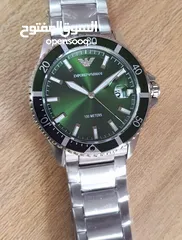  9 Original EMPORIO ARMANI AR11338 DIVER STAINLESS STEEL SILVER & GREEN TONE MENS WATCH