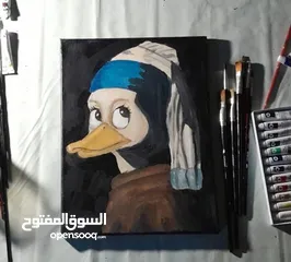  1 لوحة كانفس اكريليك للفتاة  ذات القرط اللؤلؤي ولكن بنسخة البطة الفاتنة التي تسكن مخيلة الفن الساخر
