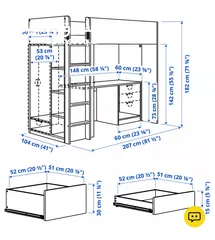  6 IKEA SMÅSTAD Loft bed, white with frame/with desk with 3 drawers, 90x200 cm