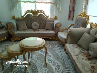  1 طقم كنب دمياط 9مقاعد اسفنج ضغط عالي وثقيل مع بردايتين زيبرا وطقم طربيزات رخام