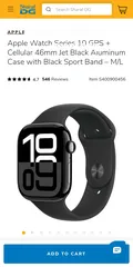  1 Apple Watch Series 10 GPS + Cellular 46mm Jet Black Aluminium Case with Black Sport Band - M/L