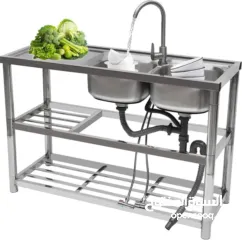  1 مجلى ستانلس ستيل حوضين مع رفوف وحنفية مكفول