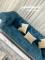  9 طقم كنب 7 مقاعد لون ازرق وبيج بحالة الجديد من شهوان استخدام خفيف خشب تقيل وموديل جميل بدون اي خدش