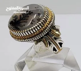  14 خاتم فاخرمصنوع يدويامن الفضة الخالصة(925) مزود بحجرالعقيق شجري طبيعي يتميز بنقوش فريدةعلي شكل شجرة ا