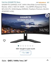  2 للبيع شاشة  Gaming monitor Gigabyte ultra wide curved “34” inch 3440x1440 Resolution  1ms