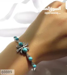  2 نسائي فضة مع الحجر الفيروز الطبيعي صناعة يدوية فاخرة  المقاس وسط،مناسب لهواة الاحجار الطبيعية والمجو