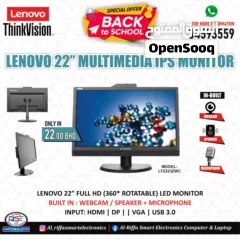  1 Lenovo 22" FHD IPS Wide Monitor (360* Rotatable) Inbuilt: Webcam + Speakers + Microphone