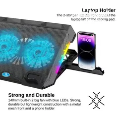  2 حافظ على سلامة لابتوبك مع قاعدة تبريد لابتوب مع إضاءة LED  مزدوج - USB - قابلة لتعديل الارتفاع