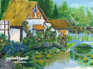  8 cottage core village painting on thick paper unframed. oil painting 29.5/21cm