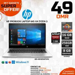  1 HP PROBOOK 645 G4 RYZEN 3 8TH GEN 16GB RAM 256GB SSD