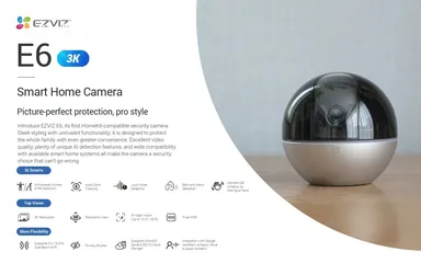  3 كاميرا EZVIZ E6 داخلية 3K واي فاي، تتبع ذكي، صوت ثنائي، تغطية 360°، متوافقة مع HomeKit