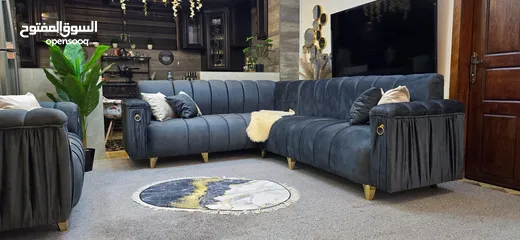  7 طقم كنب كورنر شبه جديد لون بترولي