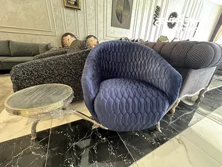  4 Modern Turkish Chair with Attached Table - Nickel Frame and Navy Blue Velvet