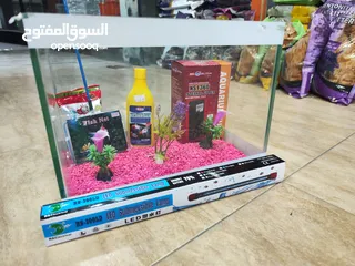  3 حوض سمك مجهز بالكامل ، احجار انارة لد + شبكة صيد + انتي كلور + اكل+ فلتر+ عشب المقاسات بالوصف