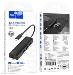  1 Hoco HB42 4 IN 1 USP-C TO USB + Rj45 تحويلة من تايب سي لا3 مداخل USP مع مدخل انترنت لايباد و ماك بوك