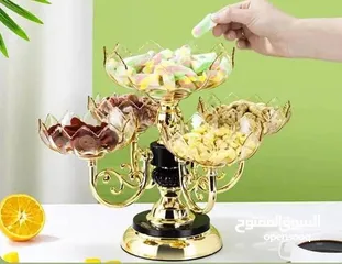  2 ستاند شيال حلويات ومكسرات ملكي ذهبي دوار 360 درجة دوران شكل وردة 5 خانات ملكي