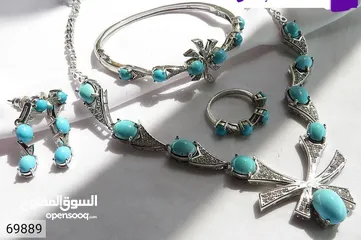  14 نسائي فضة مع الحجر الفيروز الطبيعي صناعة يدوية فاخرة  المقاس وسط،مناسب لهواة الاحجار الطبيعية والمجو