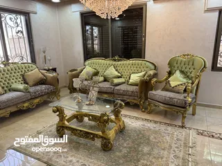  2 كنب مصري دمياطي مريح جدًا محفر لون اخضر و بيج محفر ذهبي عدد 7مقاعد + طاولة