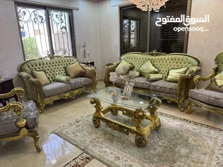  5 كنب مصري دمياطي مريح جدًا محفر لون اخضر و بيج محفر ذهبي عدد 7مقاعد + طاولة
