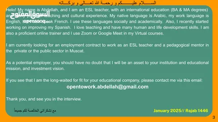  1 Looking for a work contract as an ESL teacher