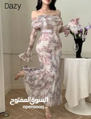  2 فستان off shoulder طويل بنقشة الورد ، لايكرا بارد قماشة بتجنن وعليه خصم خرافي