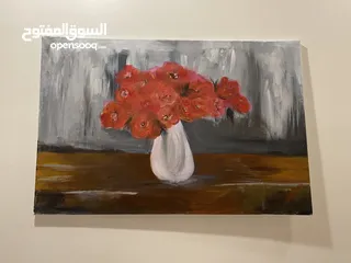  4 Canvas painting red flowers pot ورد احمر (مرسوم باليد )