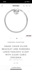  3 PANDORA SIGNATURE  SNAKE CHAIN SILVER BRACELET AND PANDORA LOGO PADLOCK CLASP WITH CLEAR CUBIC ZIRCO