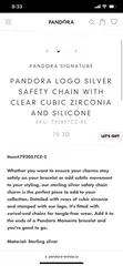  3 PANDORA SIGNATURE  PANDORA LOGO SILVER SAFETY CHAIN WITH CLEAR CUBIC ZIRCONIA AND SILICONE