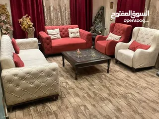  1 طقمين كنب 7 مقاعد خشب سويد وأرجل زان وجلسة مغربية 14 المقعد