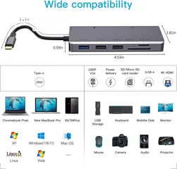  6 تحويلة USB C، متعدد المنافذ، 9 في 1 مع منفذ HDMI بدقة 4K، وVGA Zedela USB C Hub, 9 in 1 Dual Display