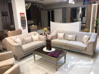  1 طقم كنب فاخر محلي صالون 7 مقاعد  كشاط أسود قماش وتر بروف خشب سويدي حفر زان كلاسيك مودرن