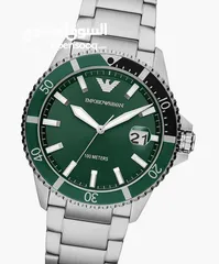  8 Original EMPORIO ARMANI AR11338 DIVER STAINLESS STEEL SILVER & GREEN TONE MENS WATCH