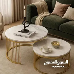  3 طاولات مودرن متداخلة فخمة تصميم راقٍ يجمع بين البساطة والأناقة، سطح رخامي أبيض بنقشة طبيعية