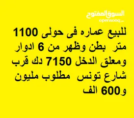  2 للبيع عماره فى حولى 1100 متر  بطن وظهر من 6 ادوار ومعلق الدخل 7150 دك قرب شارع تونس