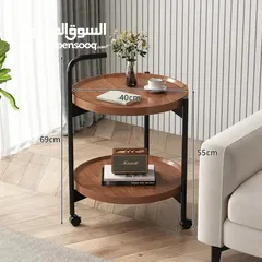  6 طاولة جانبية متحركة مع بكرات – طاولة قهوة دائرية  طاولة قهوة صغيرة بعربة من طبقتين بتصميم
