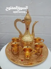  1 طقم زمزم ذهبي فاخر 8 قطع طقم ابريق مع 6 فناجين وصينيه مميز ديكور منظر