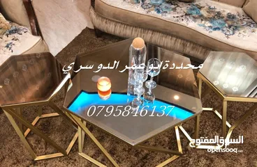  1 طقم طاولات حديد سداسي نخب اول زجاج برونز