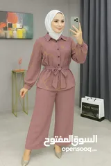  6 قميص ساده مدهب مع حزام و بنطلون