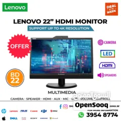  1 LENOVO 22" FHD Monitor - HDMI - Camera - LED - Speaker - Multimedia Support Up To 4K