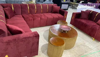  7 طقم كورنر خشب قراط ولاتيه مكفول سنتين اسفنج ضغط قماش وتر بروف. 6مخدات هدية  بفة لكل طقم كن