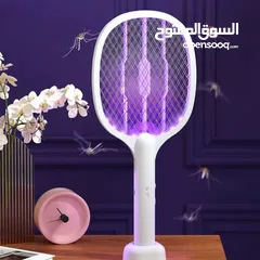  3 مضرب ناموس كهربائي مع قاعدة لقتل جميع أنواع الحشرات المزعجة يمكن وضعه بالمكان المخصص له أومسكه باليد