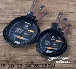  3 طقم مقالي ايد خشب دايموند مبزر جرانيت ثقيل ايد سوداء عدد 6 قطع