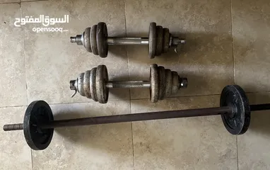  2 CAST IRON BARBELL AND DUMBELL SET